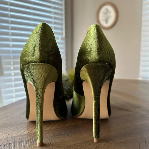 Elegant Green Pom Pom Velvet Women's High Heels - Picture 4 of 6